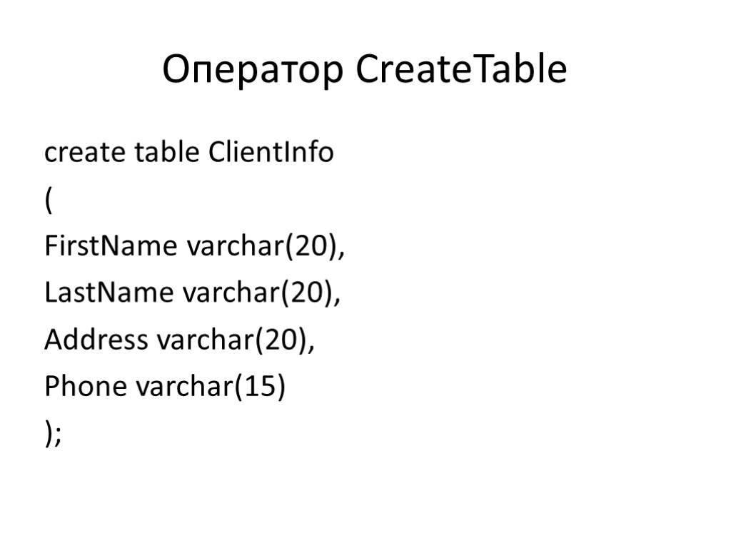 Оператор CreateTable create table ClientInfo ( FirstName varchar(20), LastName varchar(20), Address varchar(20), Phone varchar(15)